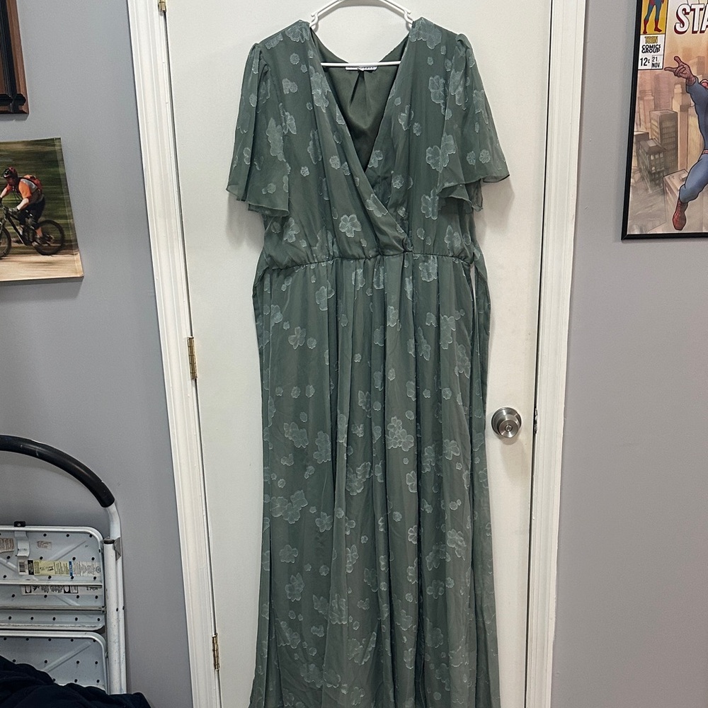 Elegant Green Floral Faux Wrap Dress